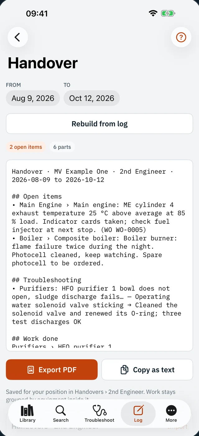 Handover generated from the work log