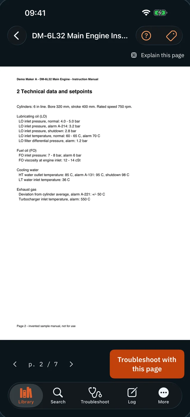 Manual page with main engine setpoints