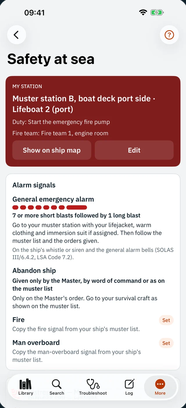 Safety at sea screen with muster and distress call guide
