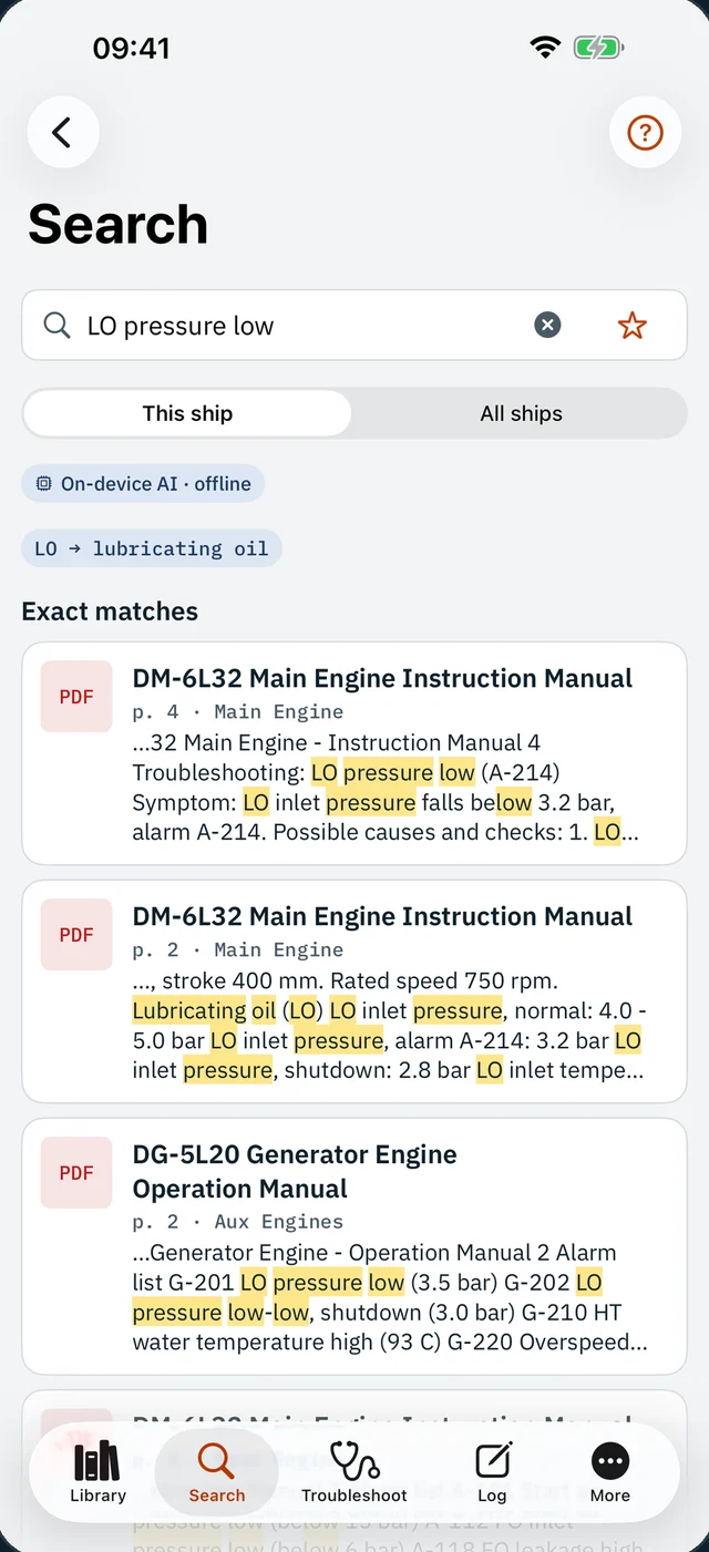 VesselRef search for “LO pressure low” finding pages in the main engine and generator manuals