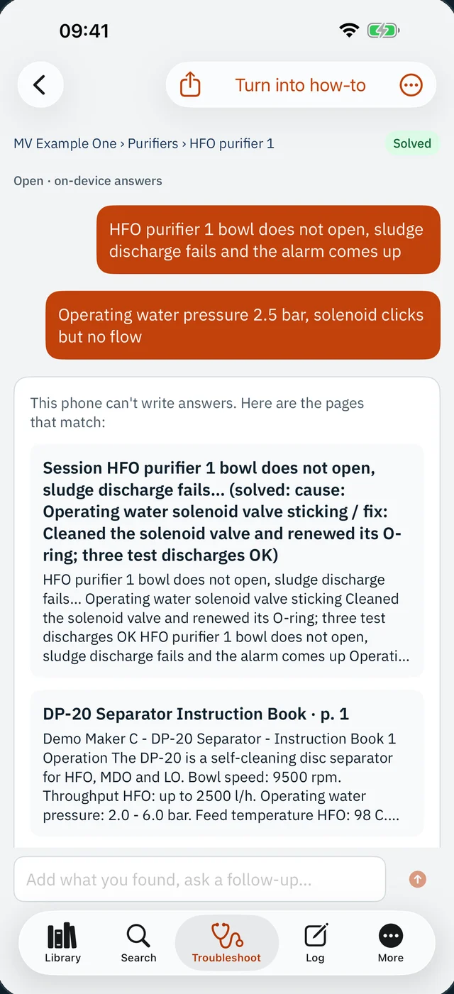 Troubleshooting session for an HFO purifier, citing a solved session and the separator manual